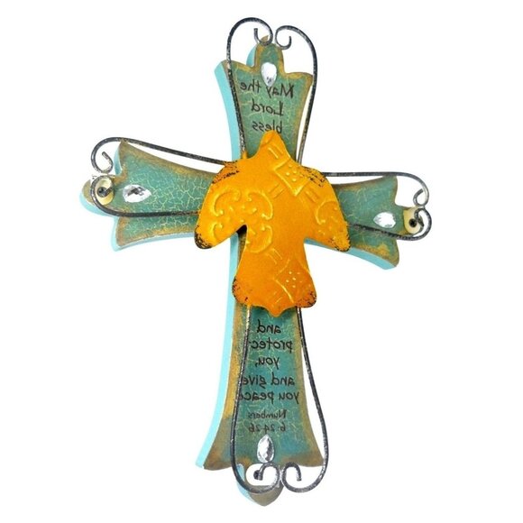 Decor Cross Wall Hanging w Dove & Blessing 9"x7" Turquoise & Gold Cross-CroiX - Picture 1 of 4